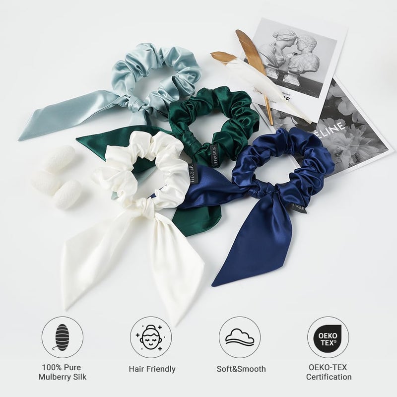 THXSILK Hair Silk Scrunchies with Bow for Women Pure Mulberry Silk Hair Cute Ring Ties Scrunchies for Girls Women's Thick Hair Navy Blue, 3.5" - Image 3
